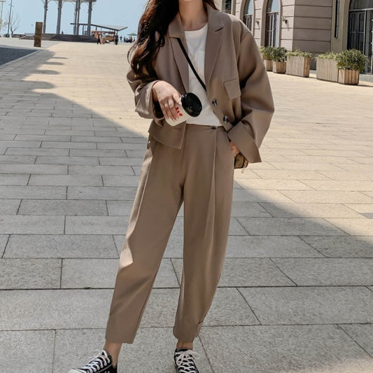 セットアップ レディース スーツ クロップド ジャケット テーパード ワイドパンツ 上下セット 韓国 ファッション 春