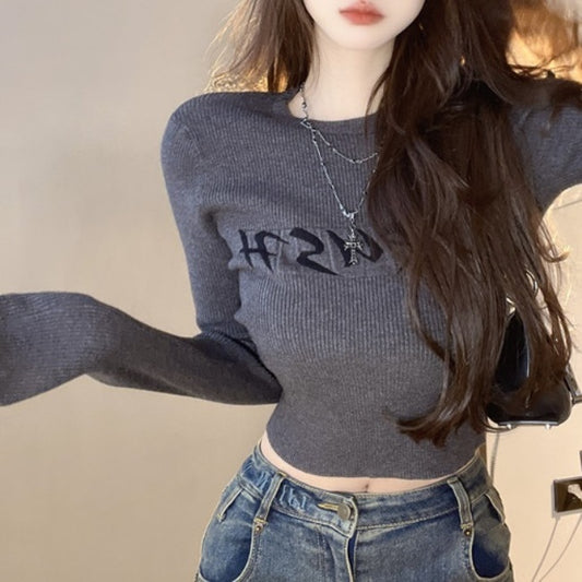 ロゴ リブニット ロンT トップス レディース 韓国 ファッション 長袖 クロップド ロングTシャツ