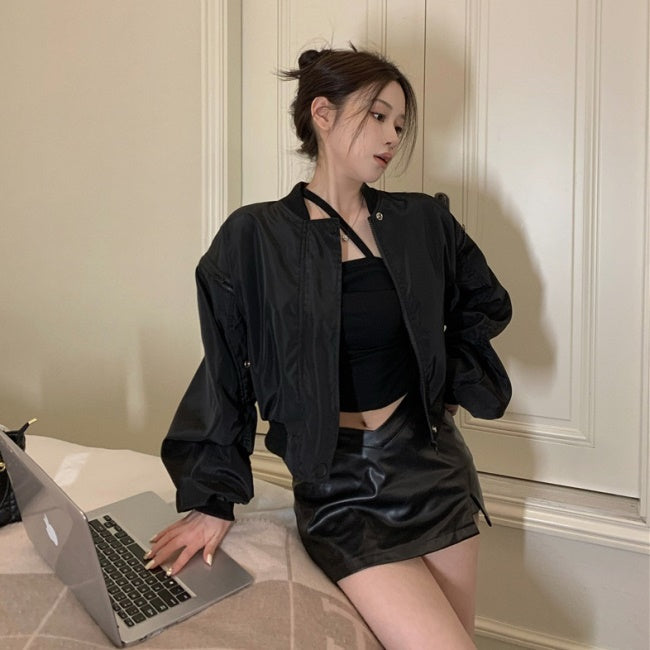 ナイロン バックロゴ ジャケット レディース クロップド丈 韓国 ファッション ジップアップ ショート ブルゾン