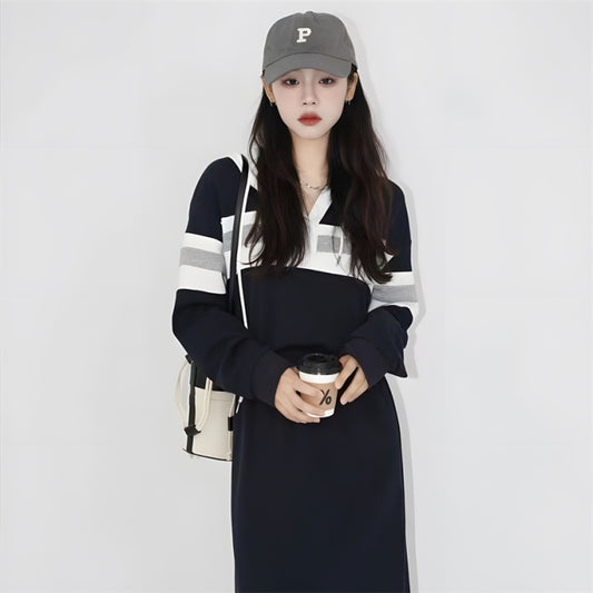 カラーブロック ニットワンピース レディース 韓国 ファッション ボーダー パーカー ロングワンピース