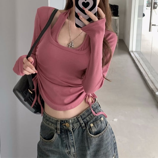 クロップド トップス レディース 韓国 ファッション 無地 ホルターネック カットソー シャーリング ショート丈