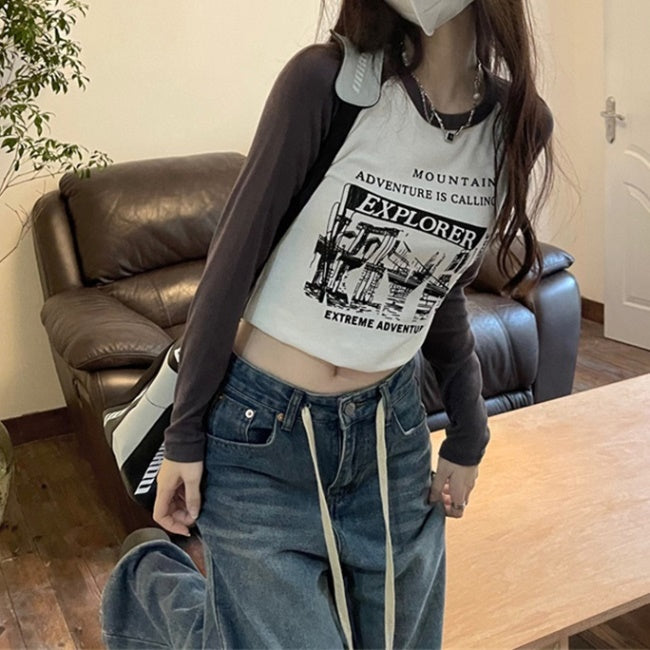 プリント ラグラン ロンT レディース クロップド丈 韓国 ファッション クロップトップ アメカジ 長袖 トップス
