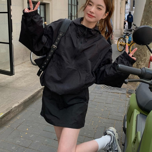 セットアップ レディース 韓国 オーバーサイズ ハーフジップ ナイロンジャケット ミニスカート 上下セット