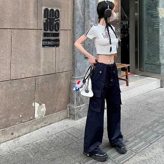 カーゴパンツ レディース 韓国 ファッション イージー ワイドパンツ サイドポケット