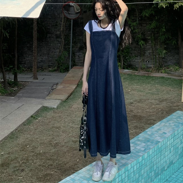 デニム ワンピース ジャンパースカート 韓国 ファッション デニム ロングワンピ ジャンスカ バックシャン レースアップ 夏 ファッション