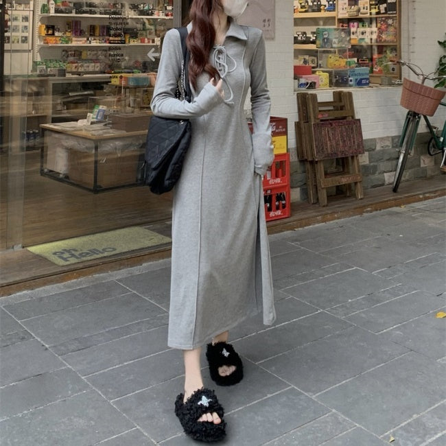 ロングワンピース 長袖 ポロ襟 レースアップ 韓国 ファッション レディース タイト ストレッチ カットソーワンピース Aライン フレア ワンピース