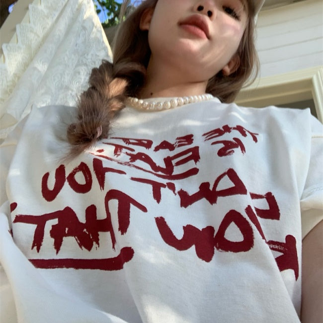 Tシャツ レディース 韓国 ファッション ロゴ プリント 白/黒 オーバーサイズ T 夏 半袖 トップス