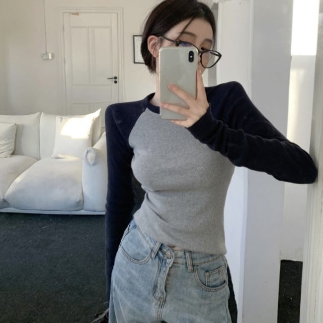 ラグラン ロングTシャツ リブカットソー レディース 韓国 ファッション タイトフィット ストレッチ ミニマム トップス