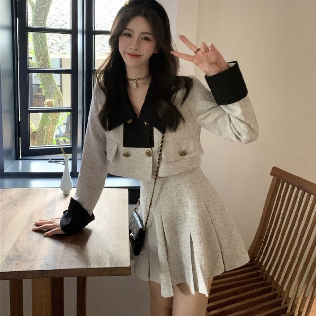 ミニスカート スーツ セットアップ レディース 韓国 クロップド ジャケット プリーツスカート 上下セット 春