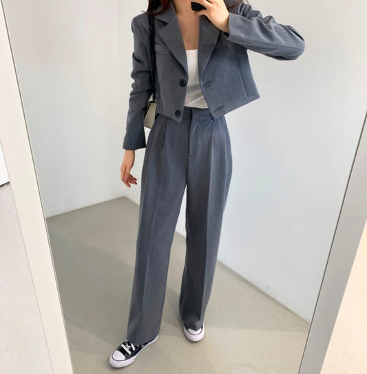 セットアップ レディース 秋冬 韓国 スーツ ショートジャケット ワイドパンツ カジュアルスーツ 上下セット