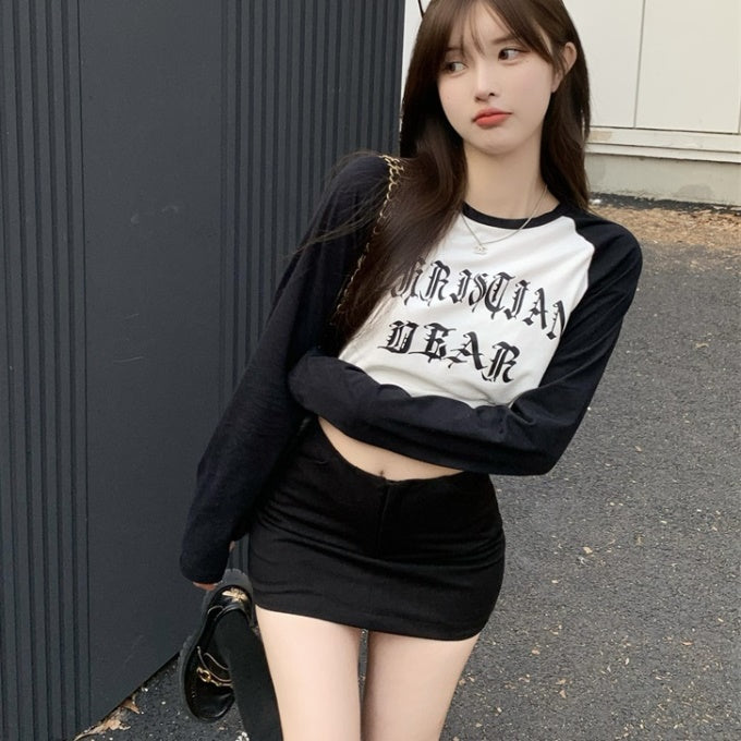 ラグラン ロンT レディース 韓国 トップス 選べる クロップド丈 ロング丈 オーバーサイズ 長袖 ロゴ ロングTシャツ 春夏