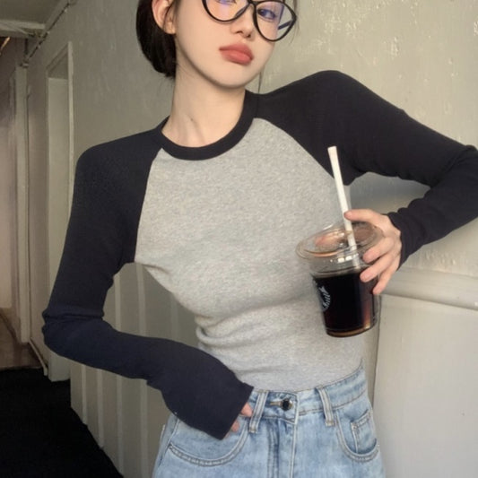 ラグラン ロングTシャツ リブカットソー レディース 韓国 ファッション タイトフィット ストレッチ ミニマム トップス