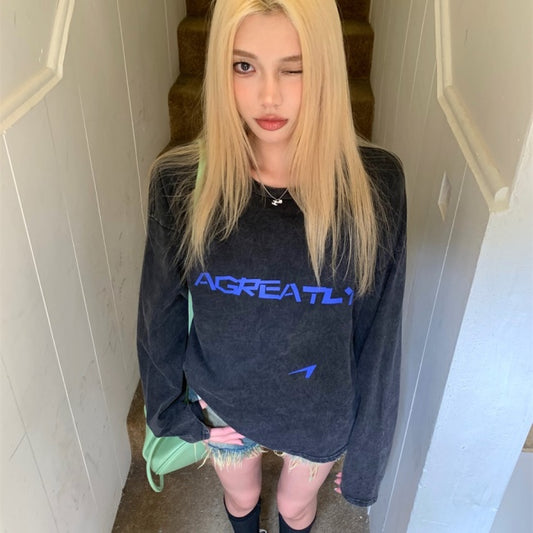 ロゴ ロンT レディース 韓国 ファッション ロゴ プリント ケミカル グレー ロングTシャツ ストリート カジュアル スポーツ