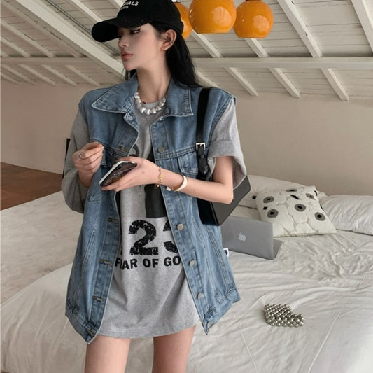 デニムベスト レディース Tシャツ レイヤード 2点セット 半袖 韓国 ファッション デニム トップス セット