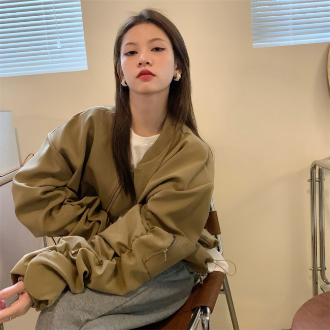 ブルゾン レディース 韓国 ファッション アウター ビッグシルエット クロップド丈 MA1 フライトジャケット カーキ ブラック