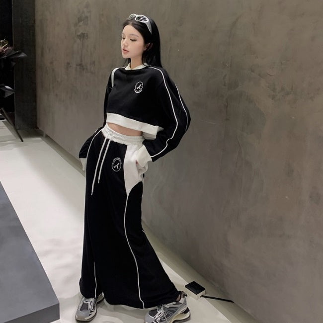 スウェット ジャージ セットアップ レディース ロングスカート 韓国 ファッション サイドライン クロップトレーナー ロングスカート 上下セット