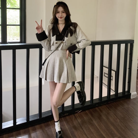 ミニスカート スーツ セットアップ レディース 韓国 クロップド ジャケット プリーツスカート 上下セット 春