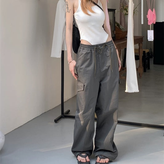カーゴパンツ レディース 韓国 ファッション グレー カジュアルパンツ ワークパンツ ワイド ロング ミリタリー ボトム メンズライク パンツ