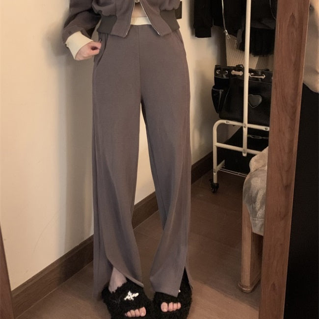 スウェット セットアップ レディース ダブルジップ クロップド ジャケット ワイドパンツ 上下セット 韓国 ファッション スウェット ジャージ