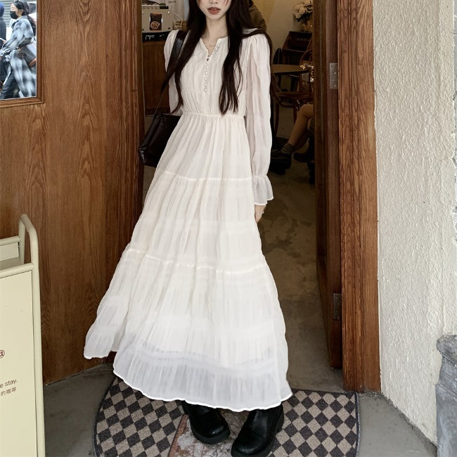 ティアード ワンピース 長袖 韓国 ファッション レディース 春夏 ロングワンピース フェミニン チュール