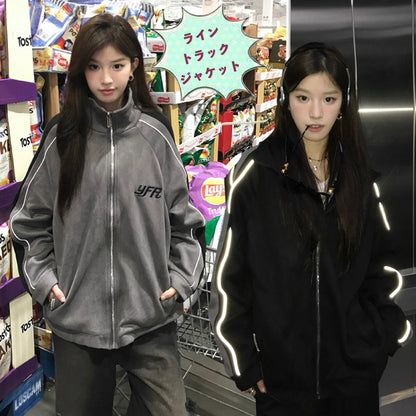 トラック ジャケット 春 ベロア調 ジャージ トップ 韓国 ファッション ストリート ラグランスリーブ オーバーサイズ ブルゾン