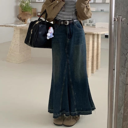 デニム ロングスカート レディース 韓国 ファッション マーメイドスカート 裾フレア きれいめデニム ヴィンテージ加工 レトロ