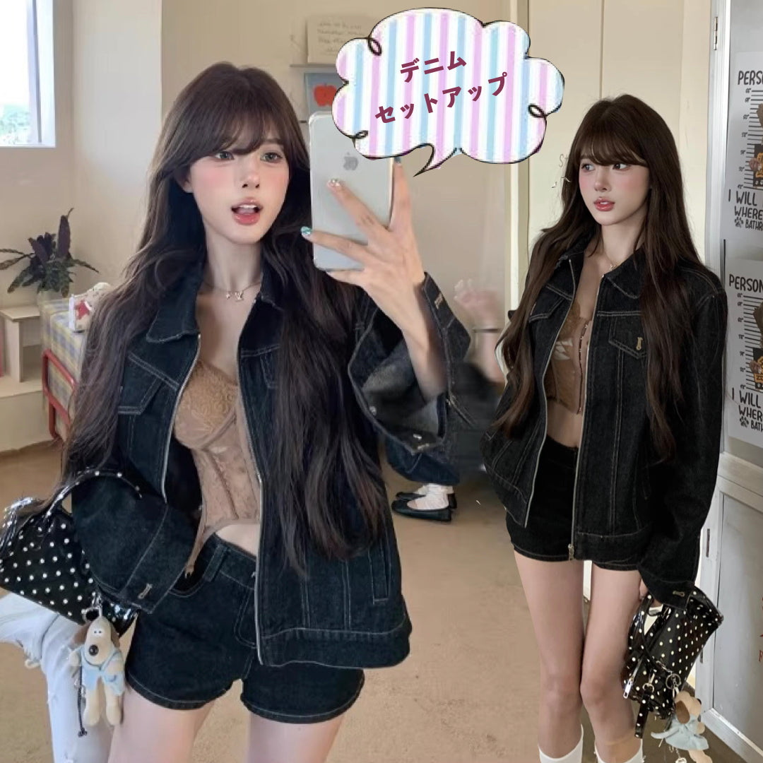 デニム セットアップ ショートパンツ レディース 韓国 ファッション レトロ デニム ジップジャケット デニム ショートパンツ 2点セット