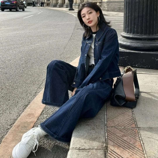デニム セットアップ レディース 韓国 ファッション デニムジャケット デニムパンツ インディゴ ジーンズ ワイドパンツ