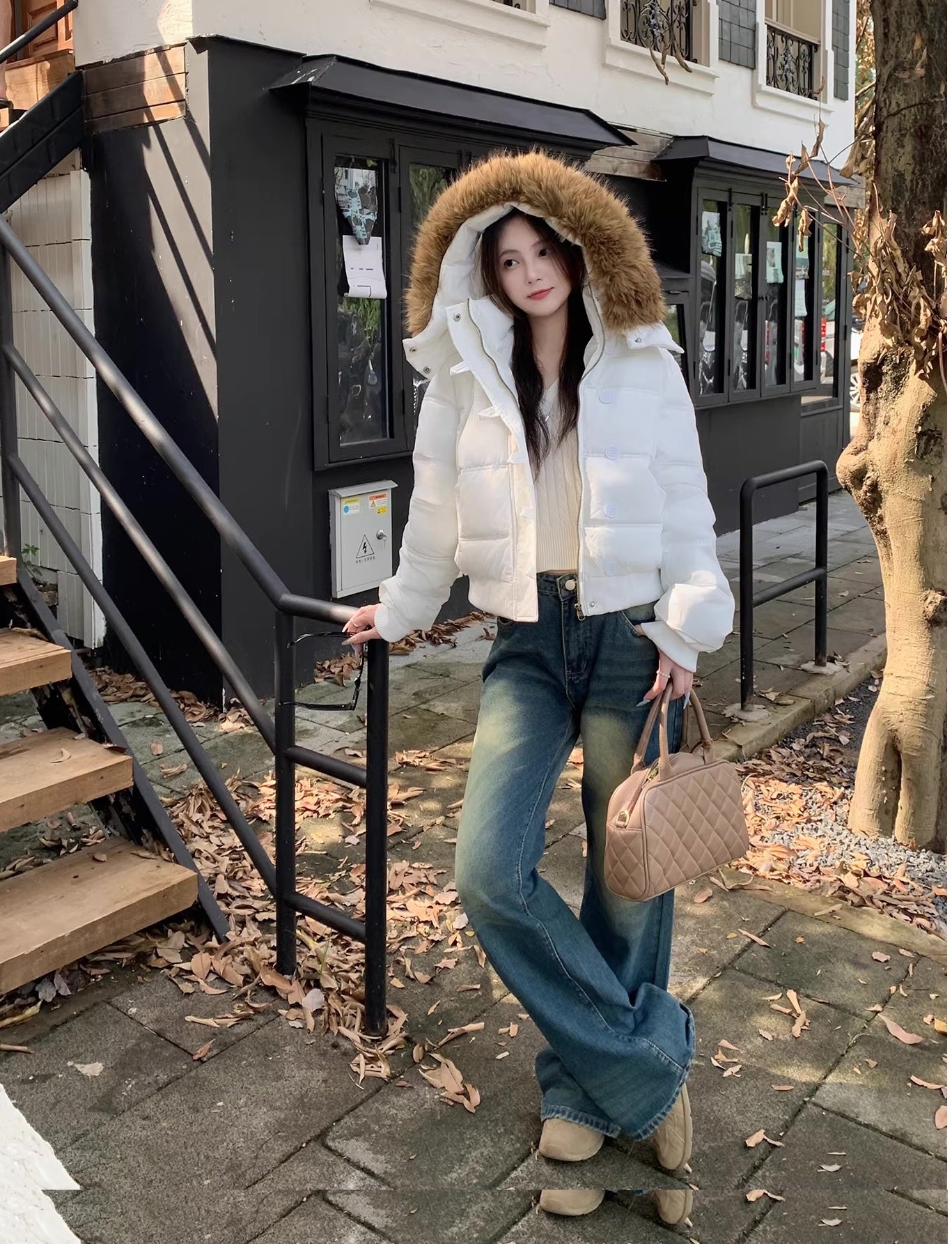 ファーフード ショート パファージャケット レディース 韓国 ファッション パテッド ショート フーディ