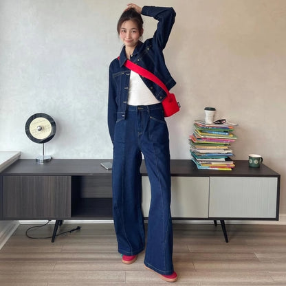 デニム セットアップ レディース 韓国 ファッション デニムジャケット デニムパンツ インディゴ ジーンズ ワイドパンツ