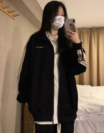 スウェット ジャージ セットアップ レディース 韓国 ファッション アシメ 非対称 ロゴ サイドライン  ジップ トラックジャケット ワイドパンツ 上下セット