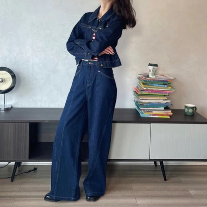 デニム セットアップ レディース 韓国 ファッション デニムジャケット デニムパンツ インディゴ ジーンズ ワイドパンツ