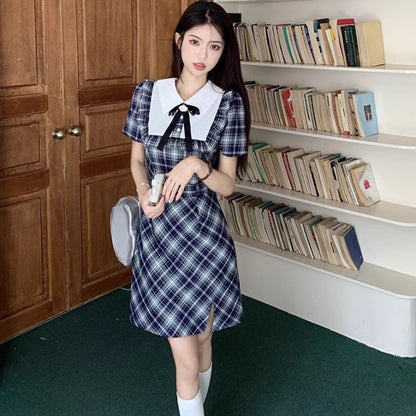 ワンピース レディース 韓国 ファッション チェック ブラウス ボウタイ 切り替え カレッジ ワンピ