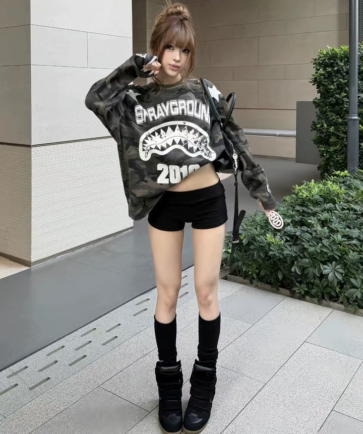 韓国ストリート 星柄 カモフラージュ柄 ワッフル ロングTシャツ レディース オーバーサイズ Y2K
