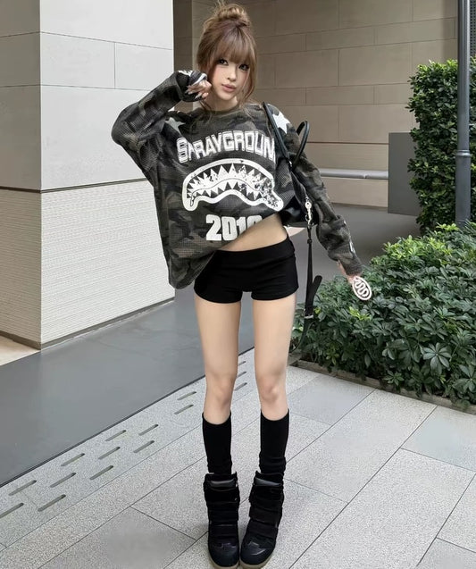 韓国ストリート 星柄 カモフラージュ柄 ワッフル ロングTシャツ レディース オーバーサイズ Y2K