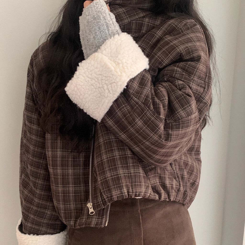 ボア ブルゾン レディース 韓国 ファッション ストライプ チェック 裏ボア オーバーサイズ スタンドネック ジャケット