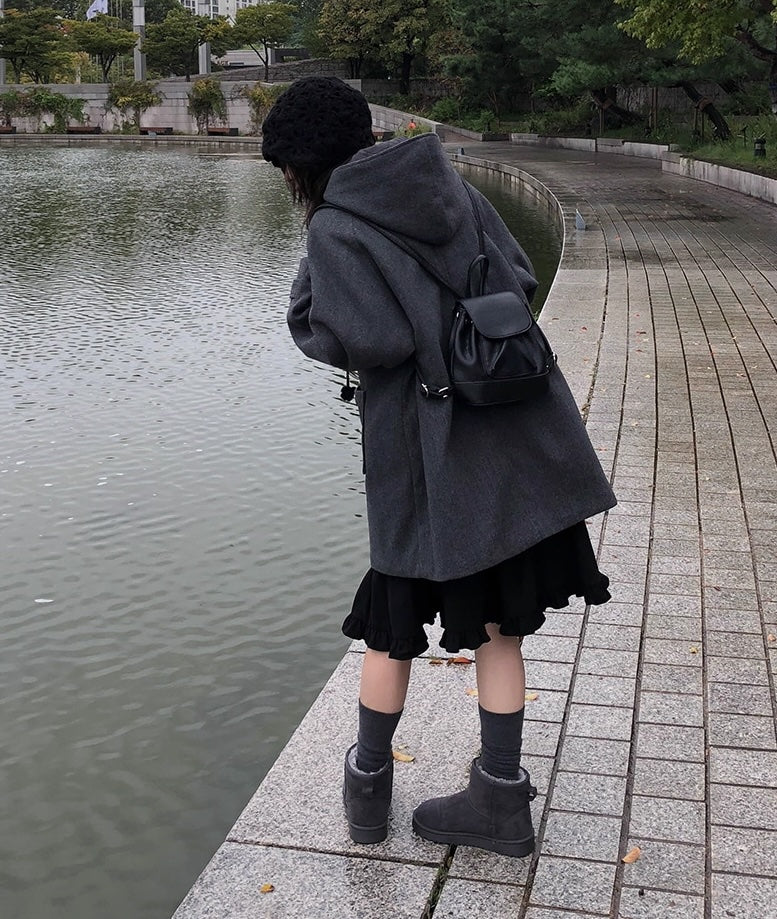 レトロ フード ミドルコート シングルボタン 無地 フード付きウールコート レディース 2025冬 新作 ミドル丈