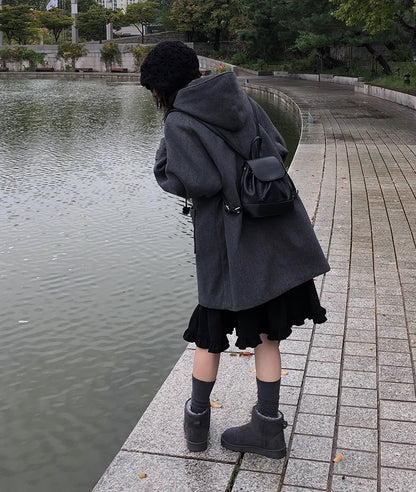 レトロ フード ミドルコート シングルボタン 無地 フード付きウールコート レディース 2025冬 新作 ミドル丈