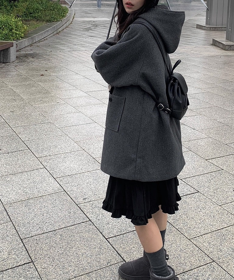 レトロ フード ミドルコート シングルボタン 無地 フード付きウールコート レディース 2025冬 新作 ミドル丈