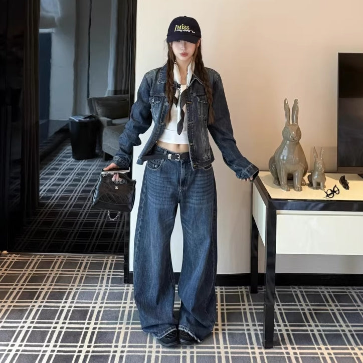 デニム セットアップ レディース 韓国 ファッション Gジャン デニムパンツ デニムジャケット  インディゴ レトロ ユーズド加工 ダメージ ジーンズ 上下セット