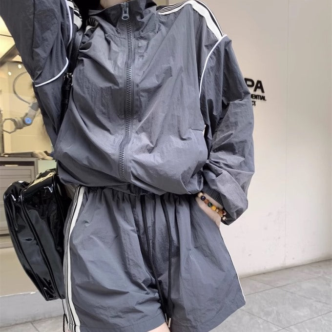 ナイロン ジャージ セットアップ レディース 韓国 ファッション ナイロンジャケット ショートパンツ スポーツ 冷房日焼け対策