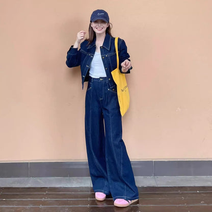 デニム セットアップ レディース 韓国 ファッション デニムジャケット デニムパンツ インディゴ ジーンズ ワイドパンツ