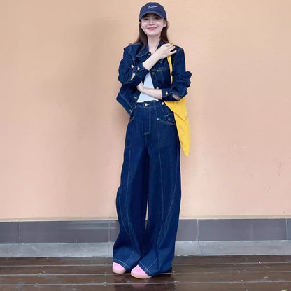 デニム セットアップ レディース 韓国 ファッション デニムジャケット デニムパンツ インディゴ ジーンズ ワイドパンツ