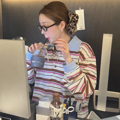 ボーダー ポロシャツ 長袖 レディース 韓国 ファッション マルチボーダー ラガーシャツ カットソー 長T 秋トップス ロゴ ワンポイント