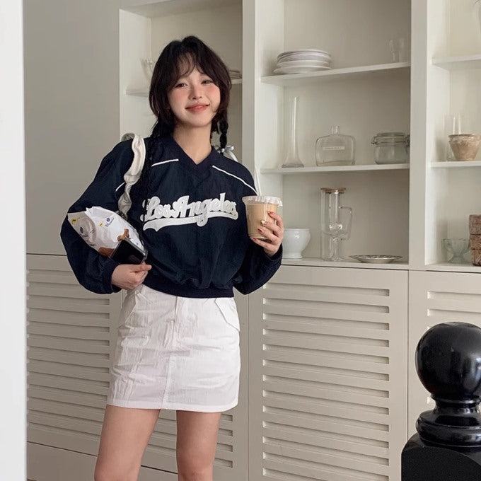 クロップド ベースボールシャツ ナイロン トレーナー  レディース 韓国 ファッション ロゴ パイピング スポーティー アメカジ トップス