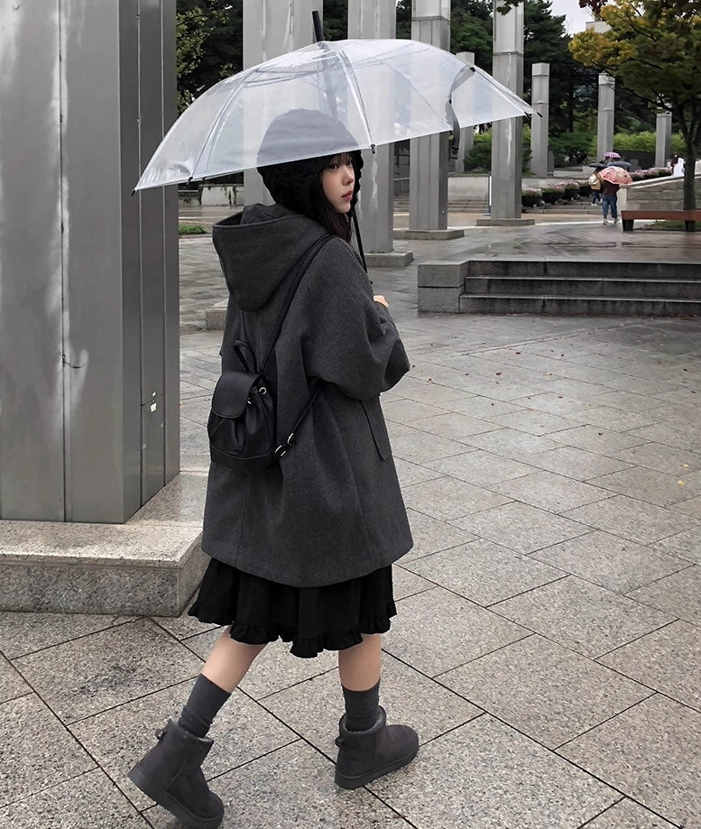 レトロ フード ミドルコート シングルボタン 無地 フード付きウールコート レディース 2025冬 新作 ミドル丈