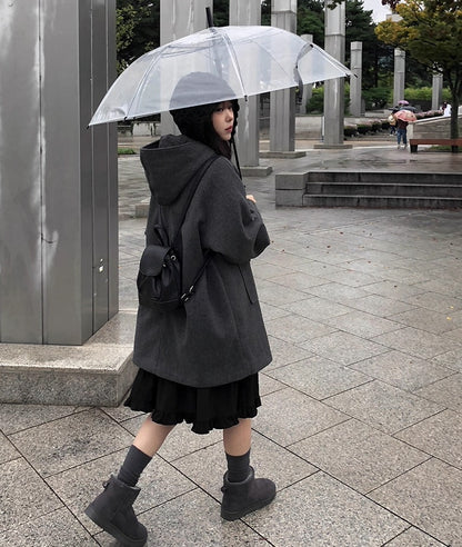 レトロ フード ミドルコート シングルボタン 無地 フード付きウールコート レディース 2025冬 新作 ミドル丈