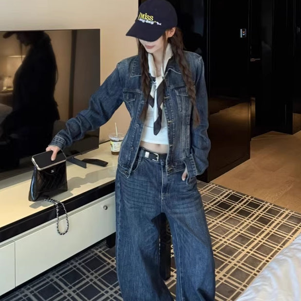 デニム セットアップ レディース 韓国 ファッション Gジャン デニムパンツ デニムジャケット  インディゴ レトロ ユーズド加工 ダメージ ジーンズ 上下セット