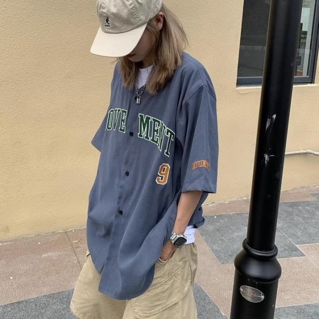 ベースボール シャツ 半袖 レディース 韓国 ストリート アメカジ メンズライク ロゴ ビッグシルエット シャツ