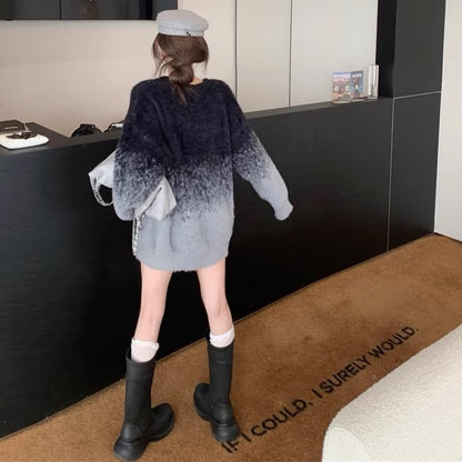 グラデーション シャギー ニット セーター レディース 韓国 ファッション メッセージ ロゴ オーバーサイズ 冬トップス